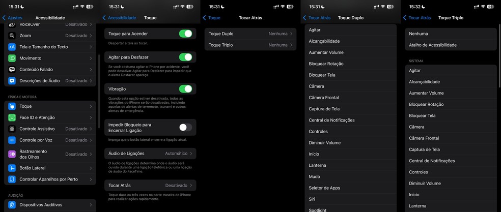 Menu de acessibilidade do iPhone permite configurar toques na traseira como atalhos personalizados — Foto: Reprodução/Murilo Fraga