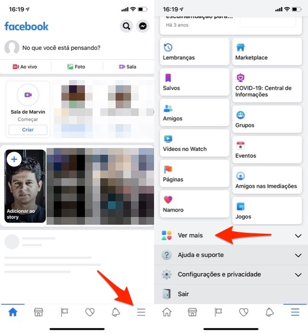 Ação para visualizar recursos extras no aplicativo do Facebook — Foto: Reprodução/Marvin Costa