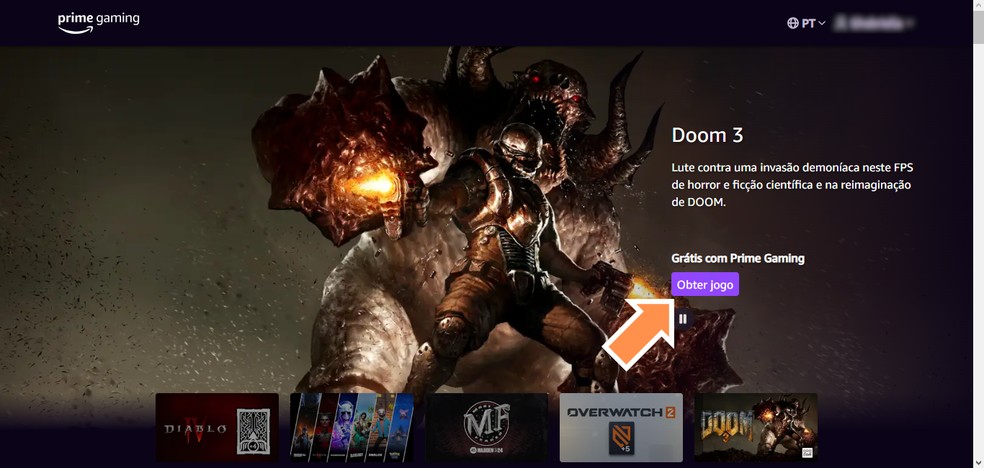 Na página inicial do Prime Gaming, clique em 'Obter jogo' na oferta de Doom 3 — Foto: Reprodução/Róbson Martins