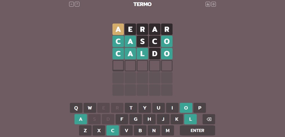 Termo é um jogo de adivinhação diário que desafio raciocínio do usuário — Foto: Reprodução/Róbson Martins