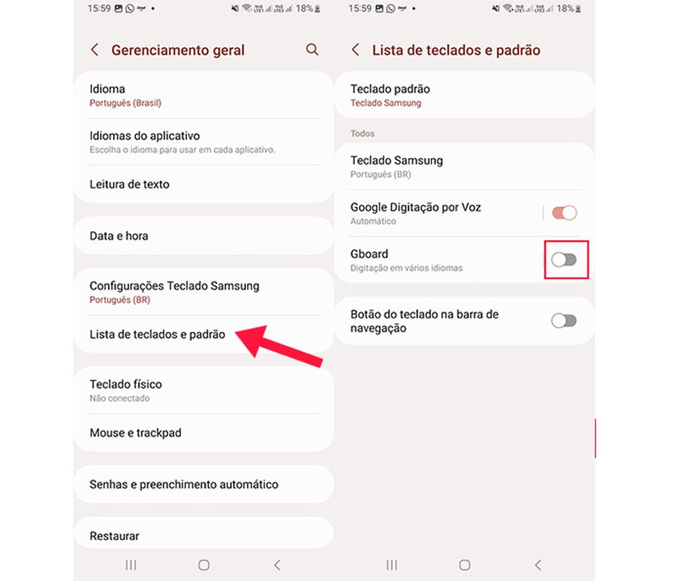 Ação para selecionar a lista de teclados nas configurações do celular — Foto: Reprodução/Marcela Franco