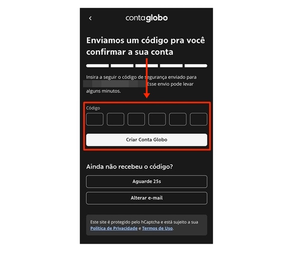 Infome o código recebido para poder ter acesso à transmissão do sinal da TV Globo ao vivo e online — Foto: Reprodução/Gabriela Andrade