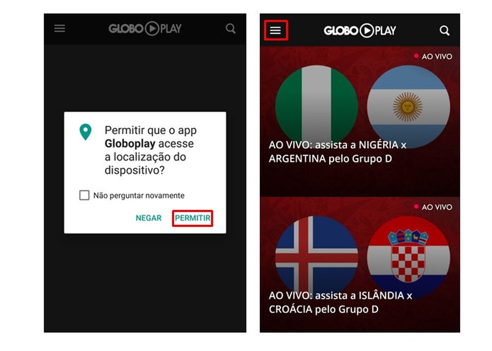 Ação para visualizar o menu lateral com conteúdos temáticos do aplicativo Globoplay — Foto: Reprodução/Taysa Coelho