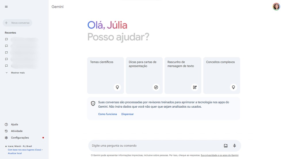 Chatbot Gemini, do Google, pode ser acessado na web — Foto: Reprodução/Júlia Silveira