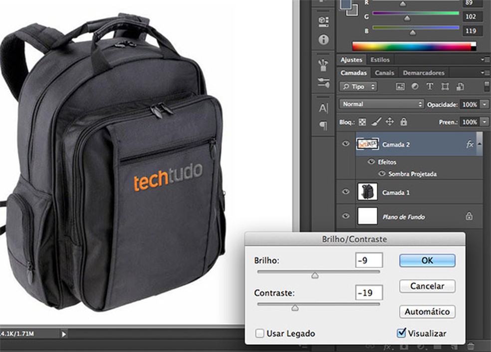 Aplicação em mochila com ajuste de brilho e contraste (Foto: Reprodução/Adriano Hamaguchi) — Foto: TechTudo