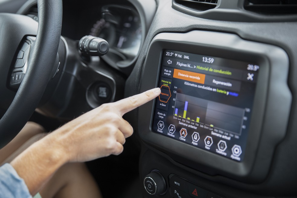 Close-up of a modern car infotainment touchscreen on a dashboard