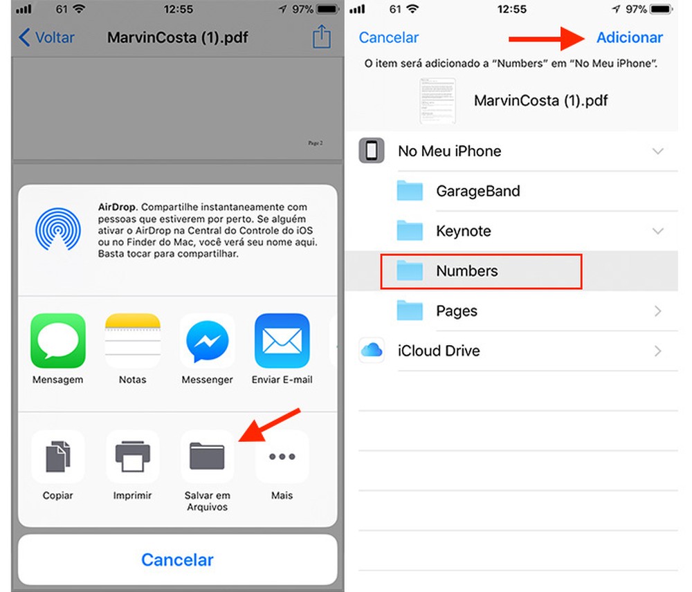 Como salvar documentos, vídeos e fotos no app Arquivos do iPhone