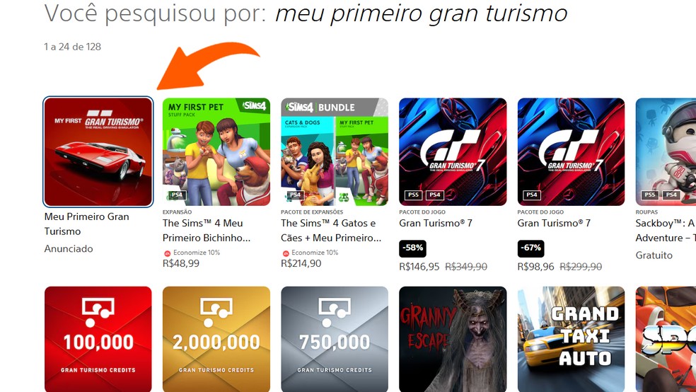 Meu Primeiro Gran Turismo deve aparecer entre os primeiros resultados da busca na PlayStation Store — Foto: Reprodução/Bruno Magalhães