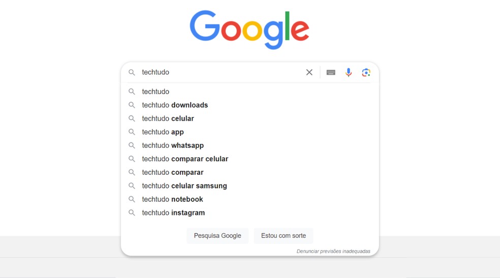 Buscador do Google utiliza IA preditiva para sugerir palavras-chave de busca — Foto: Reprodução/Júlia Silveira