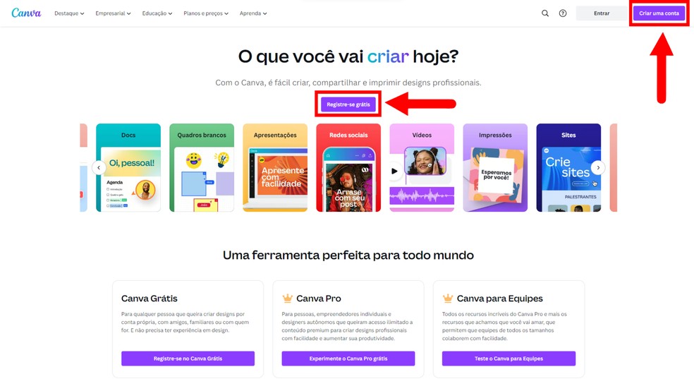 Acesse a plataforma Canva e cadastre-se — Foto: Reprodução/Júlia Silveira