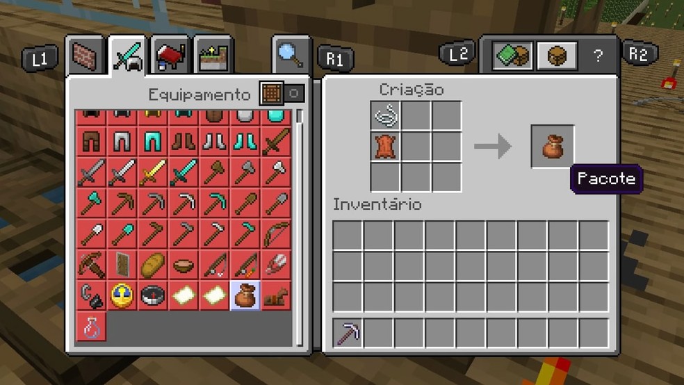 Reúna os dois itens na área de criação ou em uma Bancada (opcional) em Minecraft para criar o Pacote/Bundle — Foto: Reprodução/Rafael Monteiro
