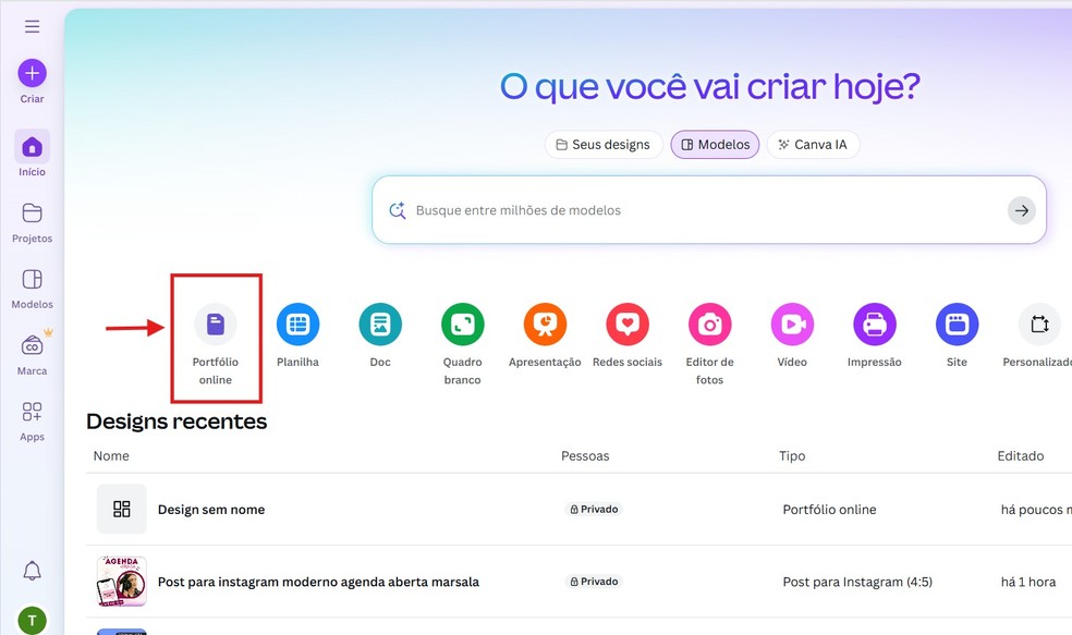Clique na opção "portfólio online" no Canva — Foto: Reprodução/Thaisi Carvalho