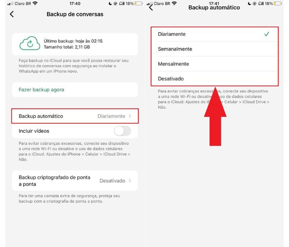 Defina uma frequência para que o backup seja feito — Foto: Reprodução/Diego Cataldo