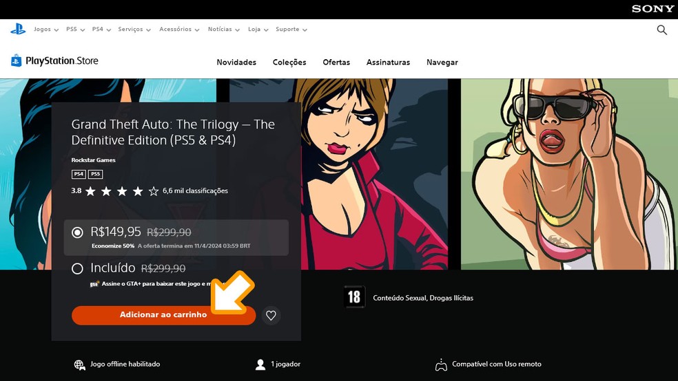 Na página de Grand Theft Auto: The Trilogy - Definitive Edition na PlayStation Store clique em "Adicionar ao carrinho" e finalize a compra para poder baixar GTA: San Andreas — Foto: Reprodução/Rafael Monteiro