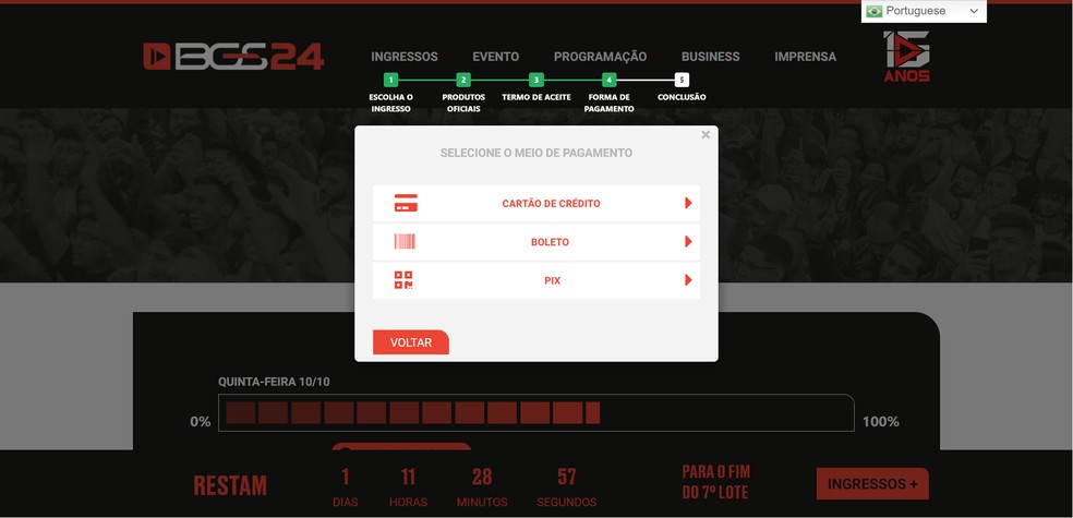 Selecione o método de pagamento — Foto: Reprodução/Róbson Martins