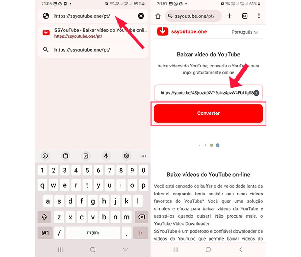 Ação para acessar site que realiza o download de vídeos do Youtube — Foto: Reprodução/Marcela Franco