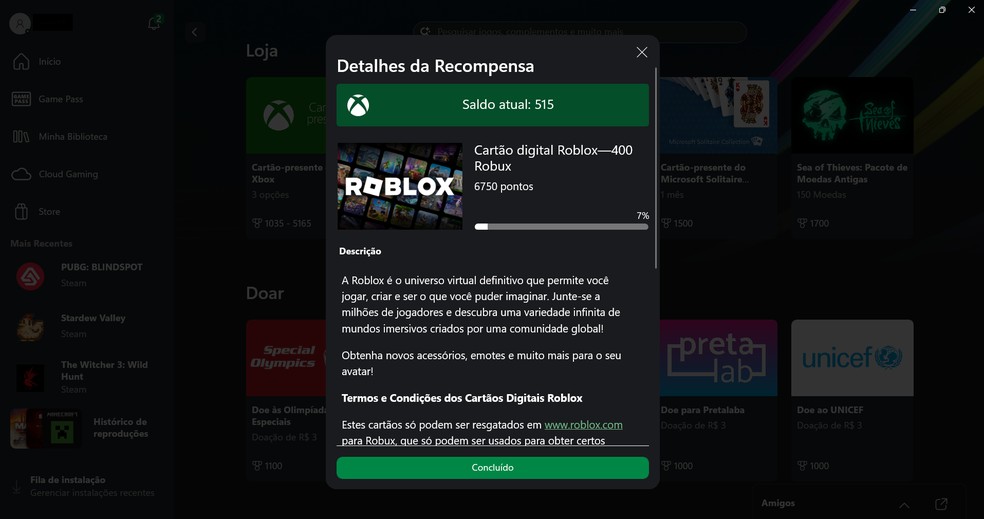 No Microsoft Rewards, Cartão digital Roblox custa 6.750 pontos e dá 400 Robux — Foto: Reprodução/Róbson Martins