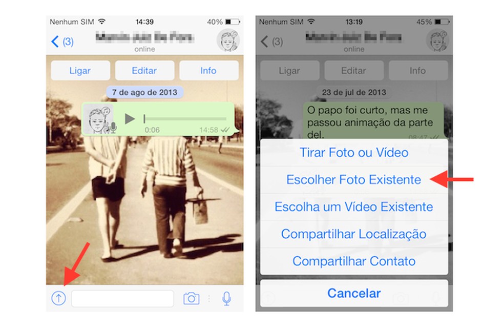 Acessando a biblioteca de imagens do iOS através do WhatsApp (Foto: Reprodução/Marvin Costa) — Foto: TechTudo