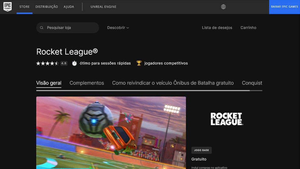Para instalar Rocket League no PC usuários precisarão obter o jogo na Epic Games Store e instalar o cliente da loja — Foto: Reprodução/Rafael Monteiro