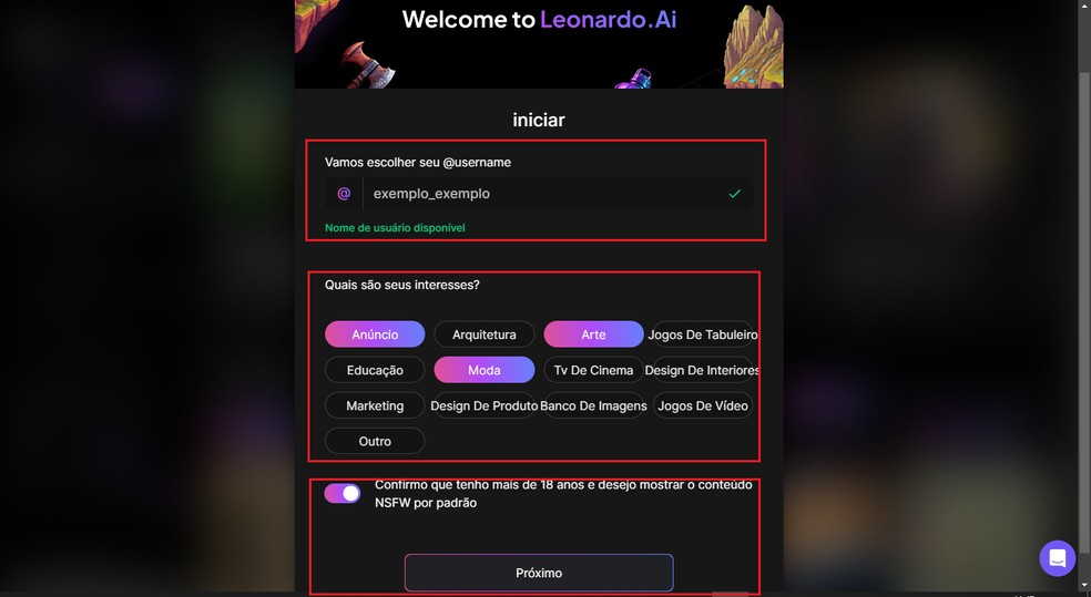 O Leonardo.AI permite que o usuário determine suas categorias de interesse — Foto: Reprodução/Gabriel Pereira