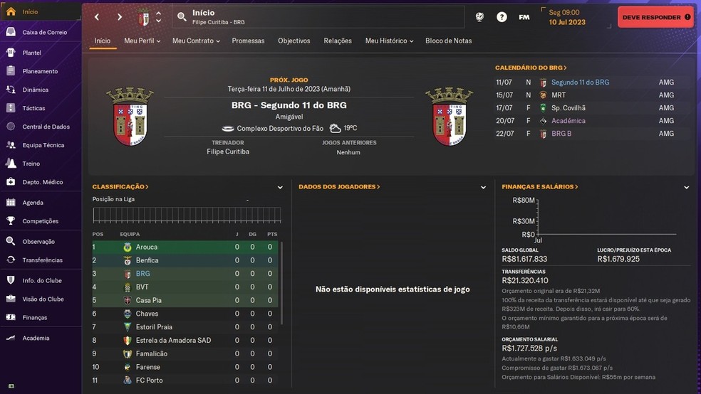 Comande o Braga no primeiro titulo português de sua historia no Football Manager 2024 — Foto: Reprodução/Filipe Curitiba