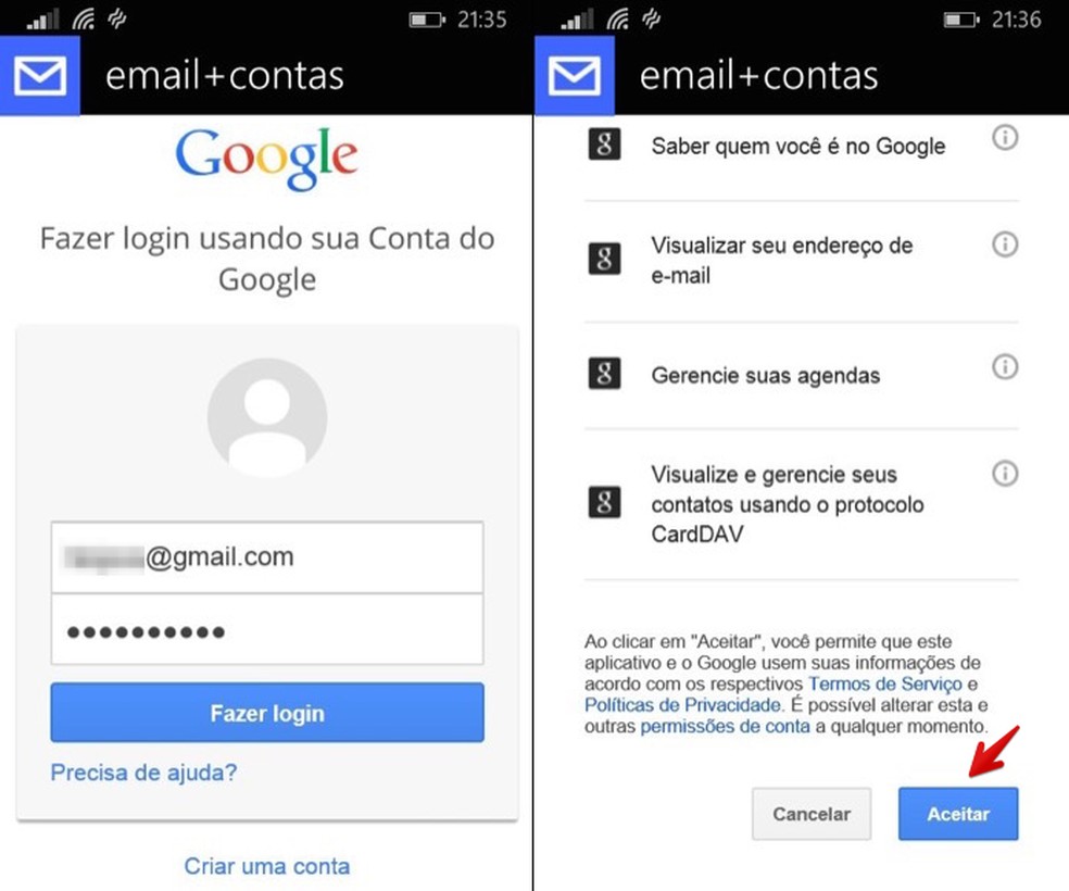Configurando conta do Google no Windows Phone (Foto: Reprodução/Helito Bijora) — Foto: TechTudo