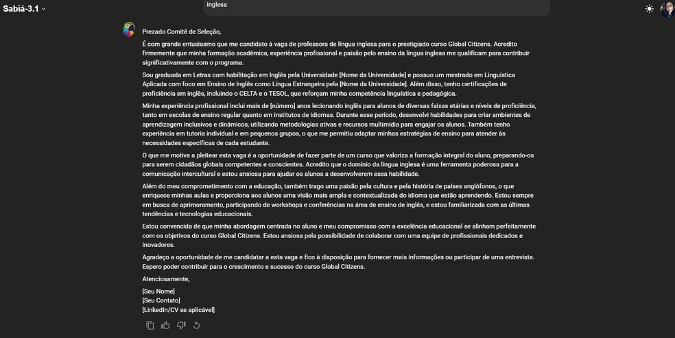 Carta de apresentação feita pela Maritaca AI — Foto: Reprodução/Gisele Veríssimo