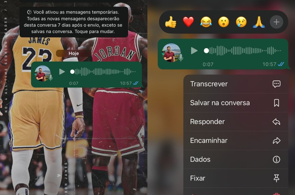 Para transcrever áudios no WhatsApp, clique na opção "Transcrever" — Foto: Reprodução/TechTudo