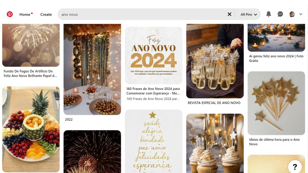 Pinterest é uma rede social que permite criar painéis de referências e pode ser usada para encontrar imagens de Ano Novo 2024 — Foto: Reprodução/Júlia Silveira