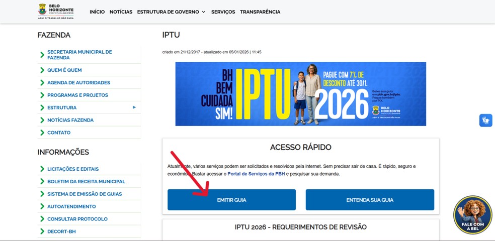 Vá até a seção de IPTU / Tributos e clique em “emitir guia” na área de acesso rápido — Foto: Reprodução/Matheus Azevedo