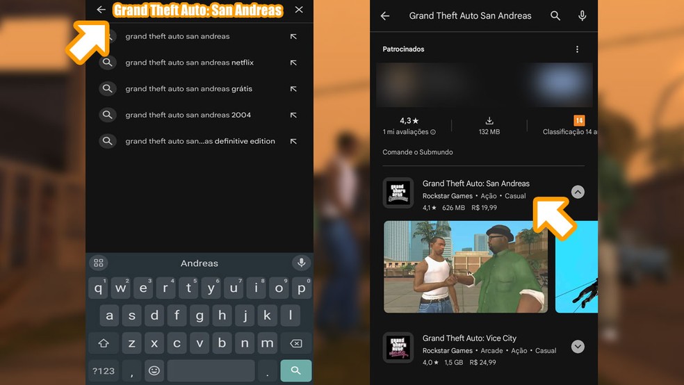 Acesse a Google Play Store, procure por Grand Theft Auto: San Andreas e selecione o jogo entre os resultados — Foto: Reprodução/Rafael Monteiro