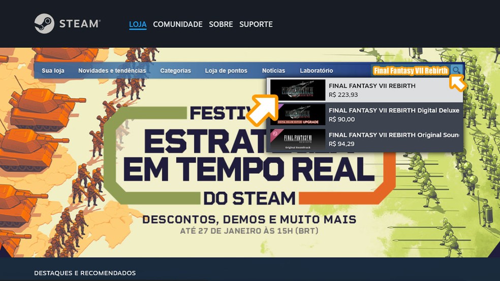 Acesse a loja digital Steam, procure por Final Fantasy VII Rebirth e selecione o jogo entre os resultados — Foto: Reprodução/Rafael Monteiro