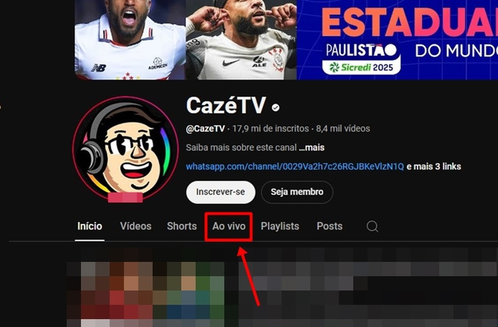 Dentro da CazéTV, do YouTube, opte pela seção “Ao Vivo” para visualizar as transmissões online — Foto: Reprodução/Gabriela Andrade