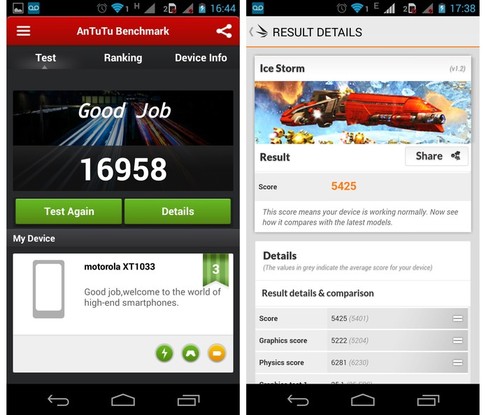 Resultados obtidos pelo Moto G nos aplicativo de benchmark AnTuTu e 3DMark (Foto: Reprodução)