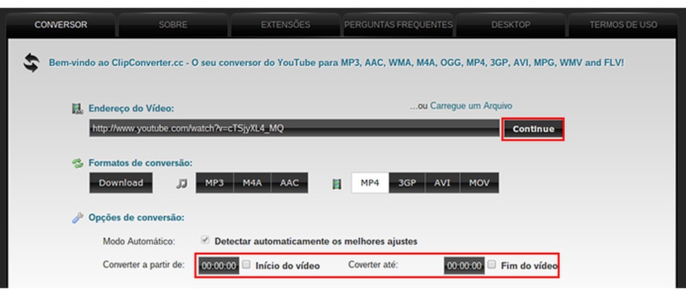 Escolha onde o vídeo do YouTube  deve começar e terminar no ClipConverter  — Foto: Reprodução/Paulo Alves