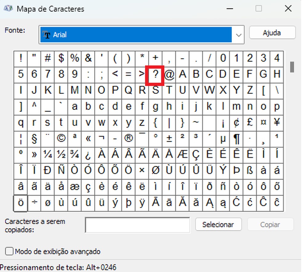 Outra forma de inserir o "?" é através do mapa de caracteres — Foto: TechTudo/David Valle