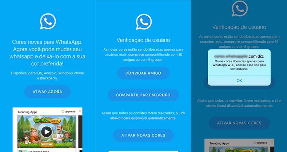 Golpe engana usuários com promessa de personalizar a cor do WhatsApp (Foto: Reprodução/Thássius Veloso) — Foto: TechTudo