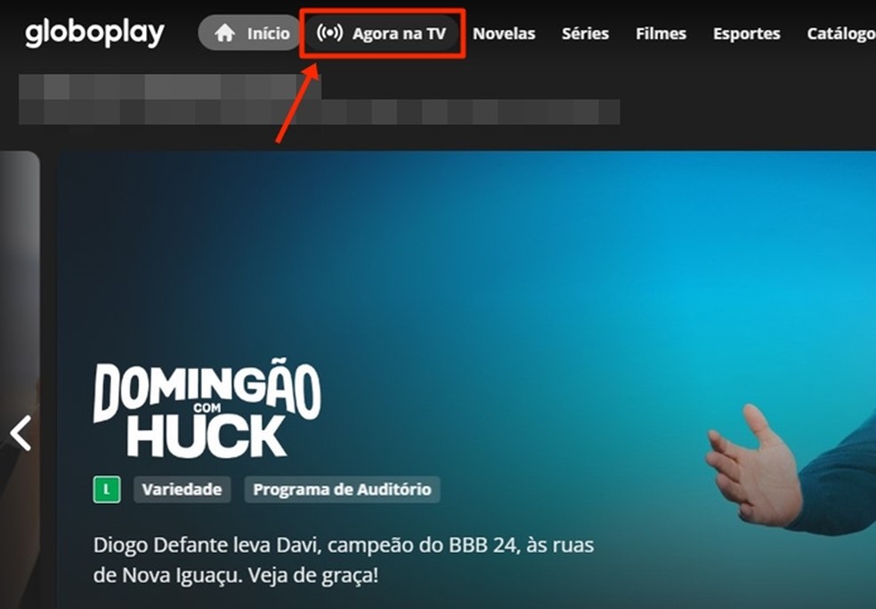 Após estar logado, é preciso ir ao menu "Agora na TV" para acessar as transmissões ao vivo do Globoplay — Foto: Reprodução/Gabriela Andrade