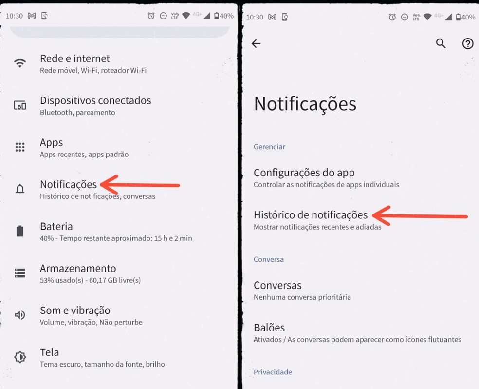 Acesso ao campo de histórico de notificações em celulares Android permite ver mensagem apagada do WhatsApp — Foto: Reprodução/Gisele Souza