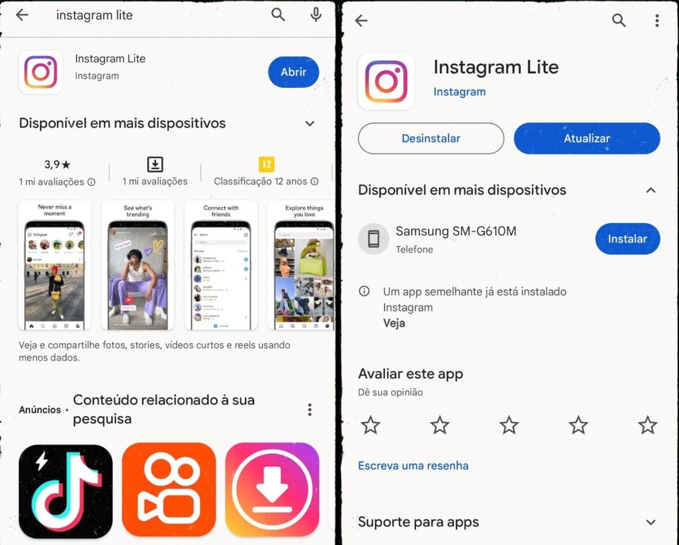 Aplicativos famosos como o Instagram possuem versão lite disponíveis na Play Store — Foto: Reprodução/Gisele Souza