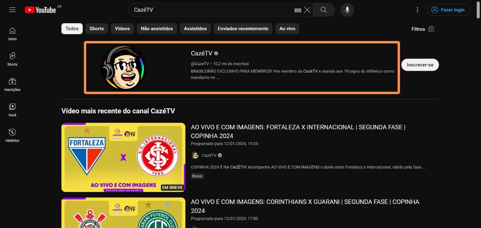 'Onde assistir ao Vasco no Cariocão 2024 pela internet?' Busque por 'CazéTV' no YouTube para encontrar o canal do streamer — Foto: Reprodução/Róbson Martins