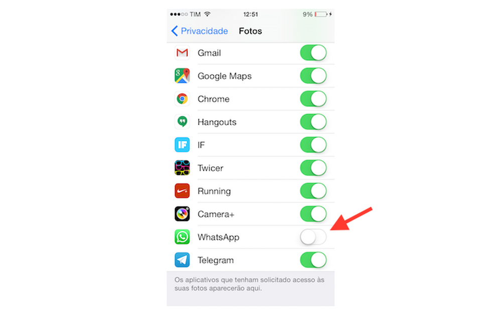 Desativando o WhatsApp das configurações de privacidade para fotos do iPhone (Foto: Reprodução/Marvin Costa) — Foto: TechTudo