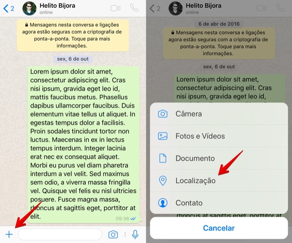 Enviando localização no WhatsApp para iPhone — Foto: Reprodução/Helito Bijora