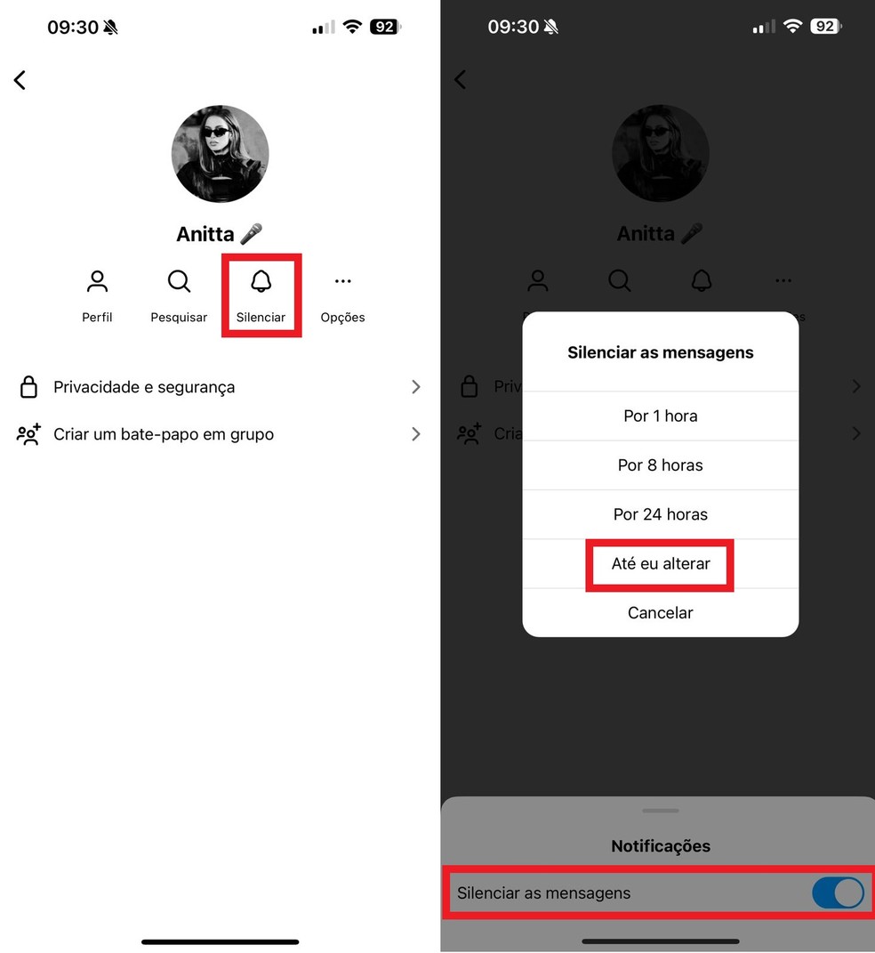 Silenciando um contato no chat do Instagram — Foto: Reprodução/Clara Fabro