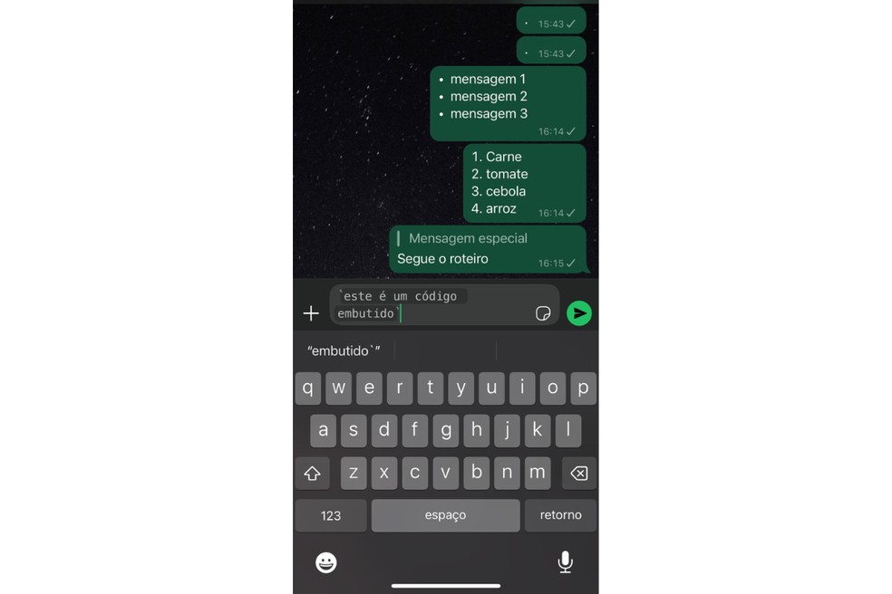 As novas formatações de texto do WhatsApp ajudam a organizar ainda mais as mensagens — Foto: Reprodução/João Pedro Lima