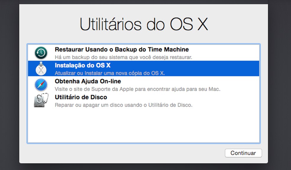 Iniciando a instalação do OS X Yosemite (Foto: Reprodução/Helito Bijora) — Foto: TechTudo