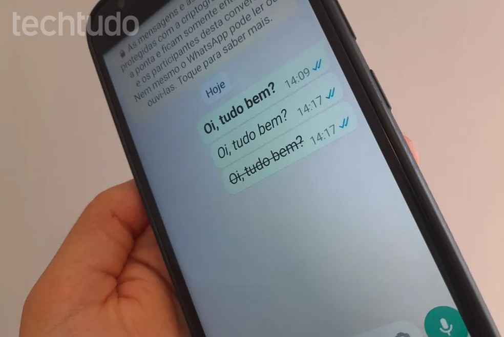Mensagens no WhatsApp podem ser enviadas em negrito, itálico e riscado, mas app não permite personalizar fonte — Foto: Flávia Fernandes/TechTudo