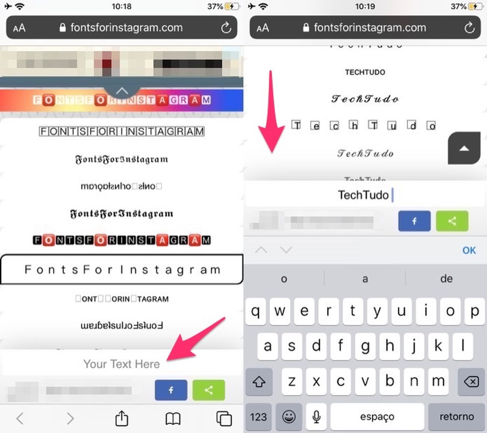 Ação para definir uma frase ou palavra para personalizar fontes usando site Fonts For Instagram — Foto: Reprodução/Marvin Costa