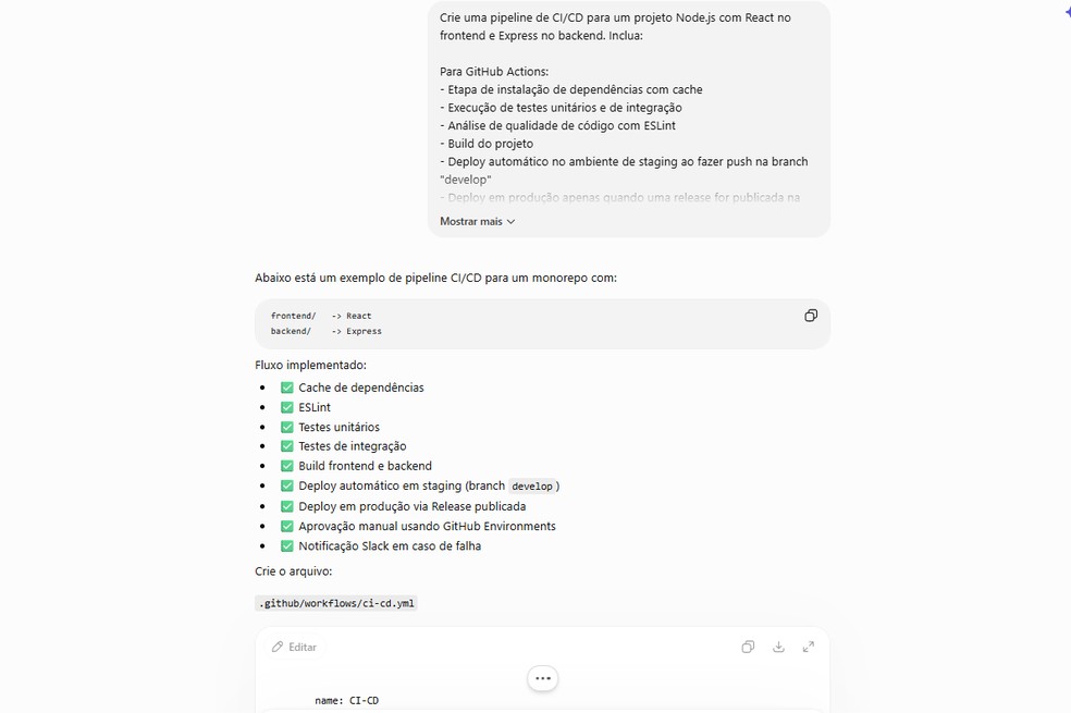 Pipelines de CI/CD prontos para uso com etapas de build, teste e deploy — Foto: Reprodução/Chat GPT por Késya Holanda