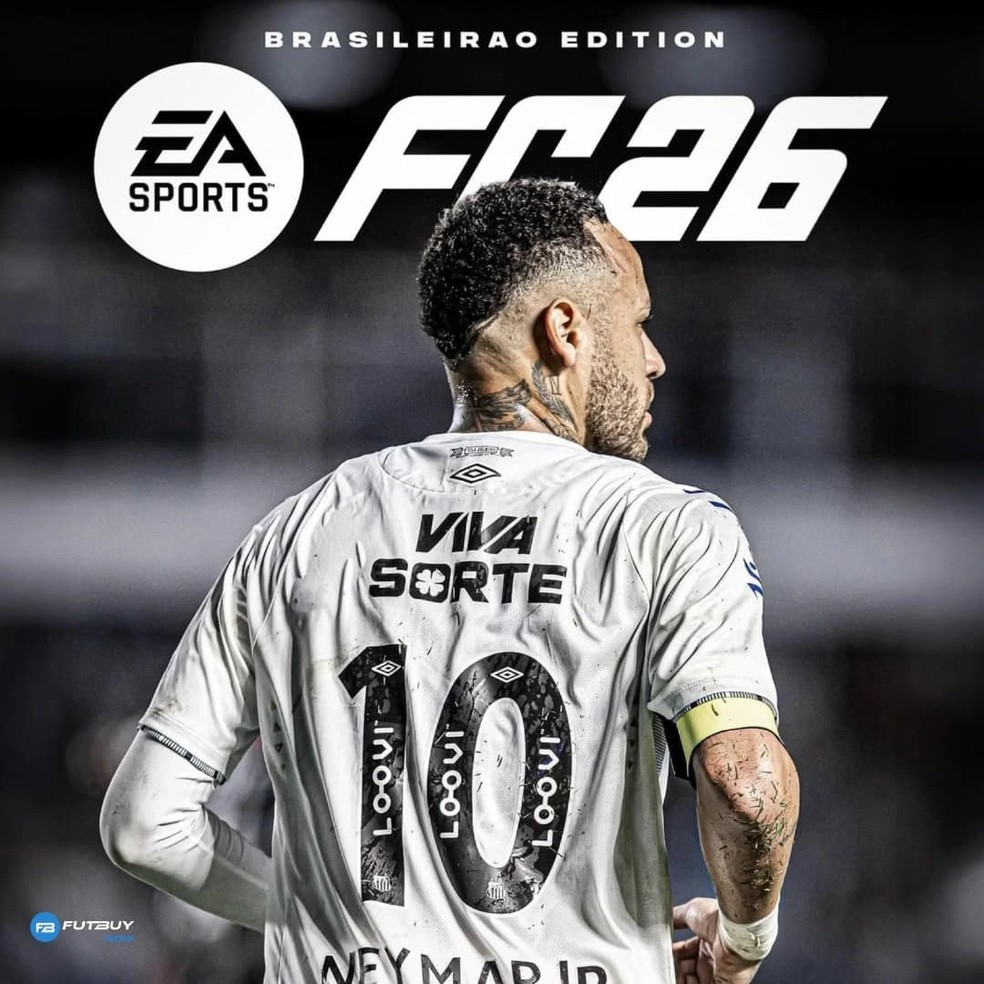 Montagem de capa fictícia de EA FC 25 com Neymar no Santos — Foto: Reprodução/futbuynowbrasil